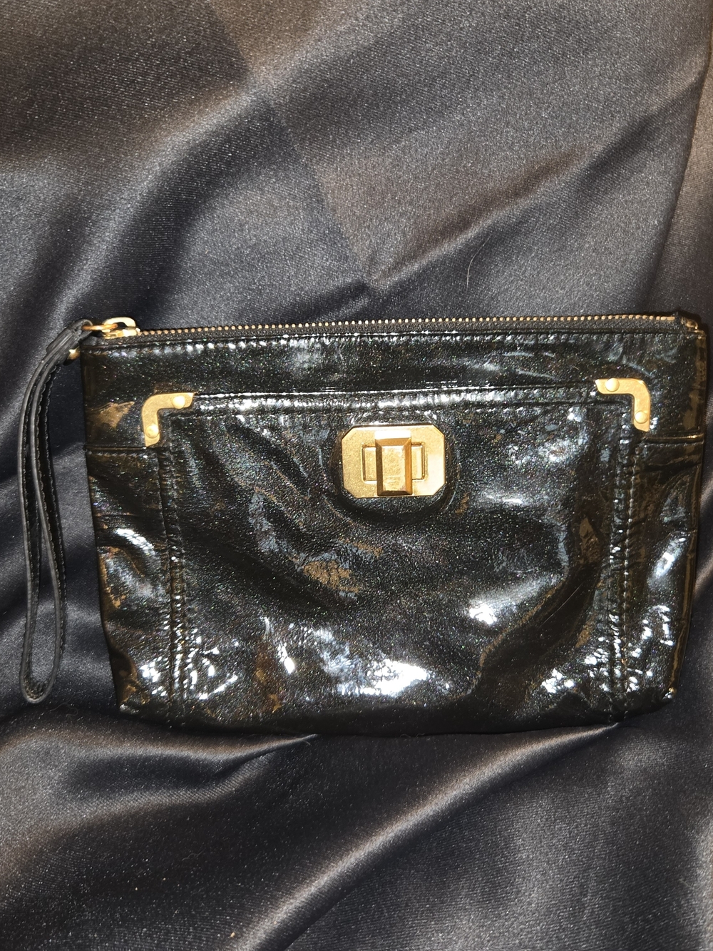 Juicy Couture Black Patent Wristlet Clutch with Gold Hardware